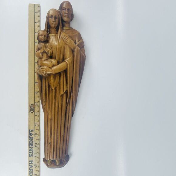 Holy Family Hanging Wall Sculpture 16" Brown Jesus Mary Joseph VTG Chalkware - Picture 4 of 11